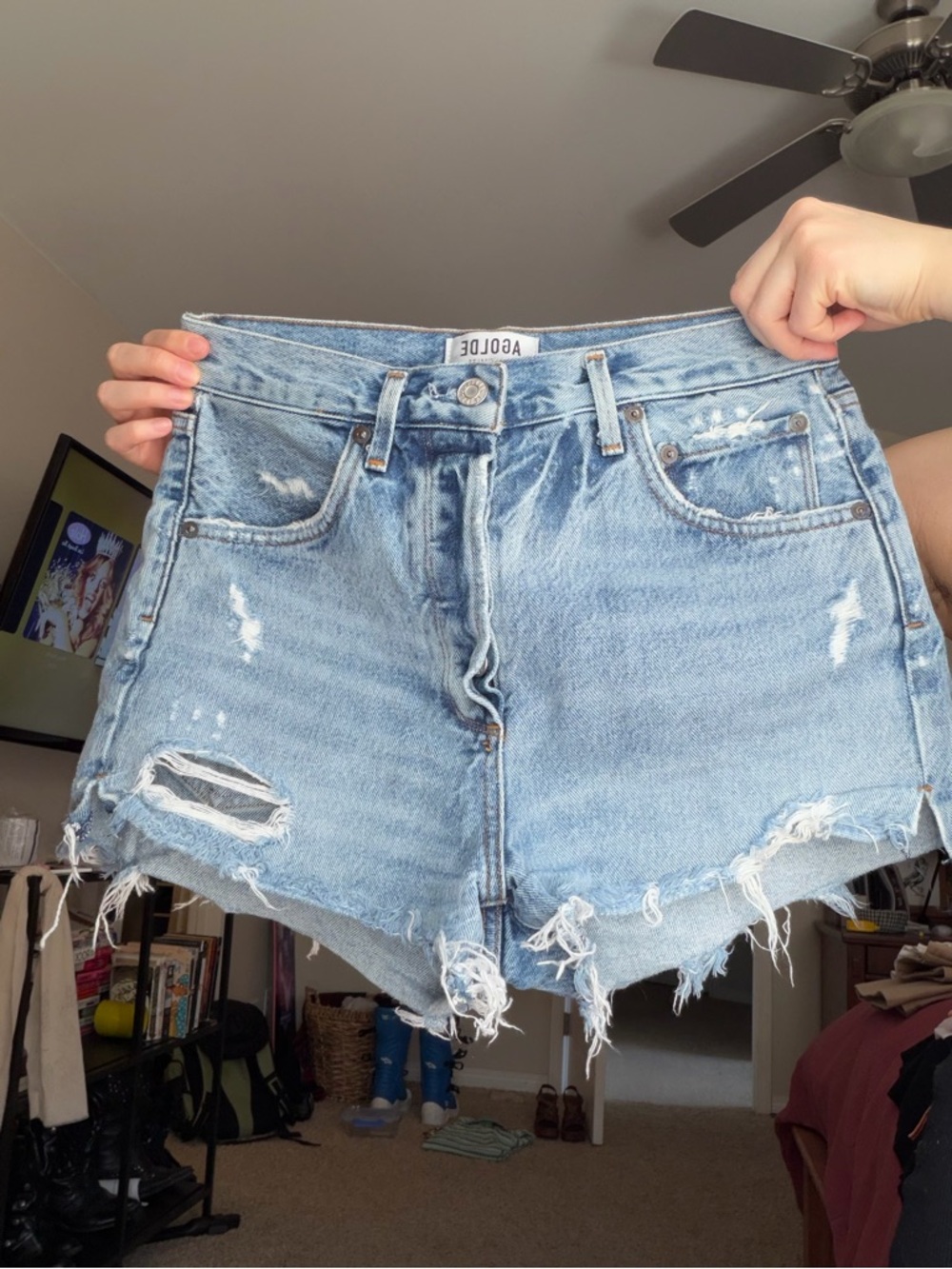 Agolde Light Wash Distressed Denim Cutoff Shorts